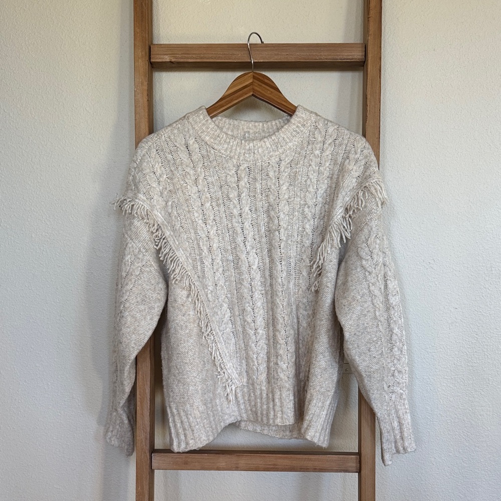 Fringe Cable Knit Crewneck Sweater - Cream